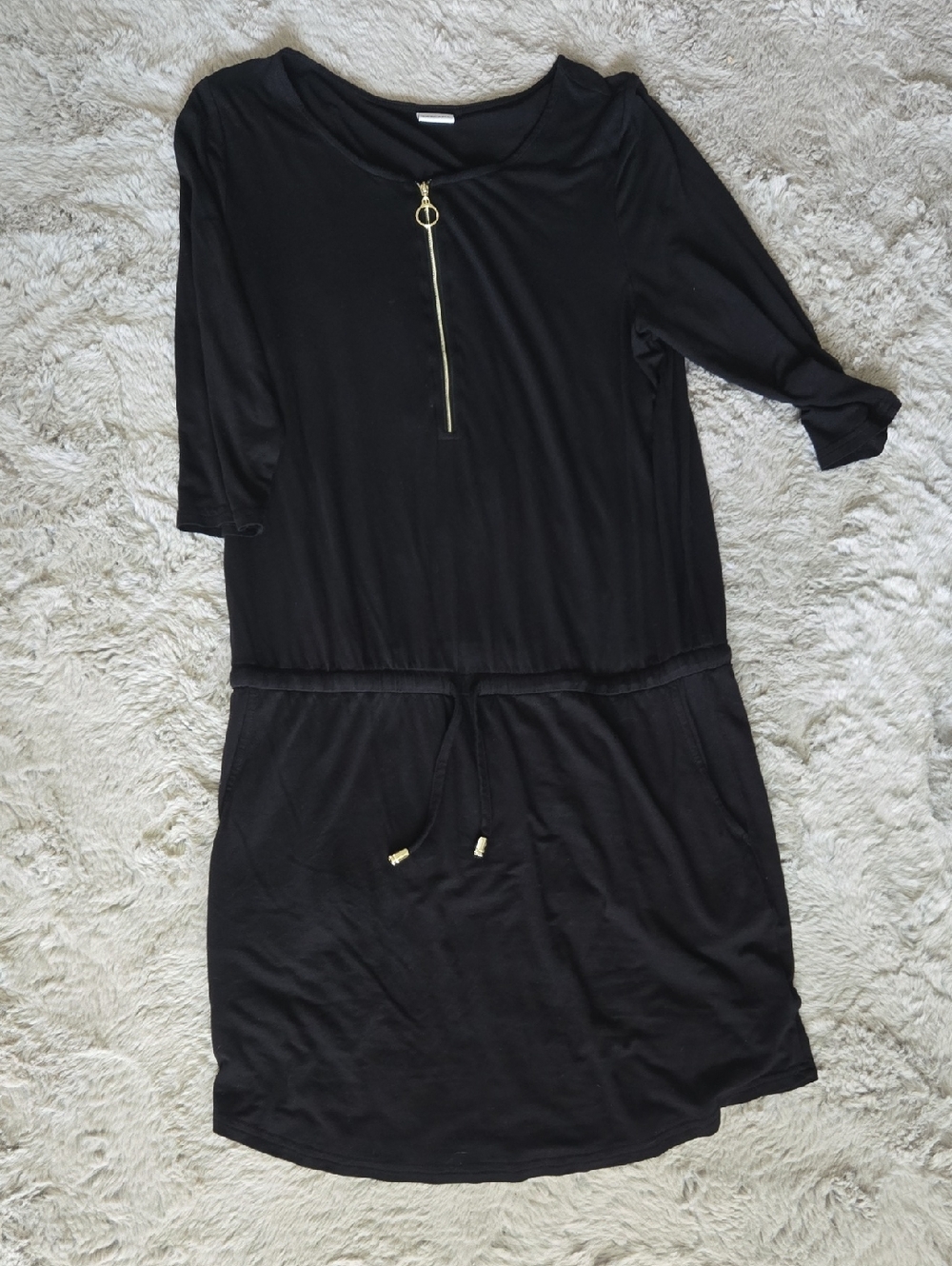 Lascana Black Drawstring Mini Dress with Gold Zip Detail